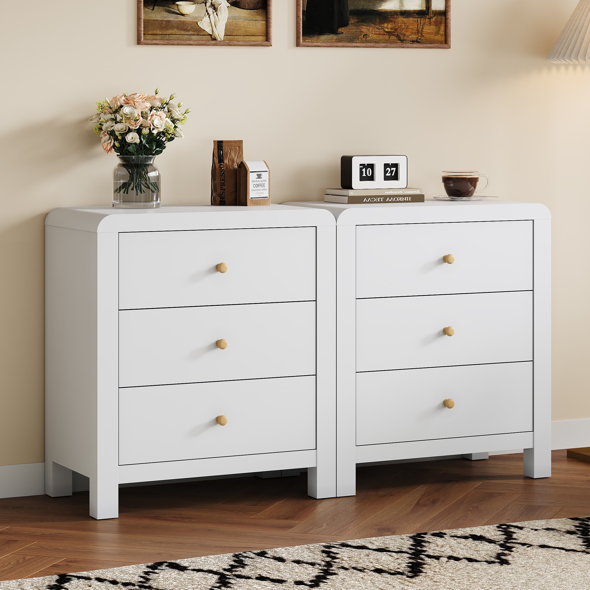 3 Drawer Dresser With Rounded Table Corners, Modern Chest Of Drawers, Large Nightstand Side Table, Wood Storage Dressers Organizer For Bedroom, Living Room, Entryway, White/Natural Wood_maomaolike.com